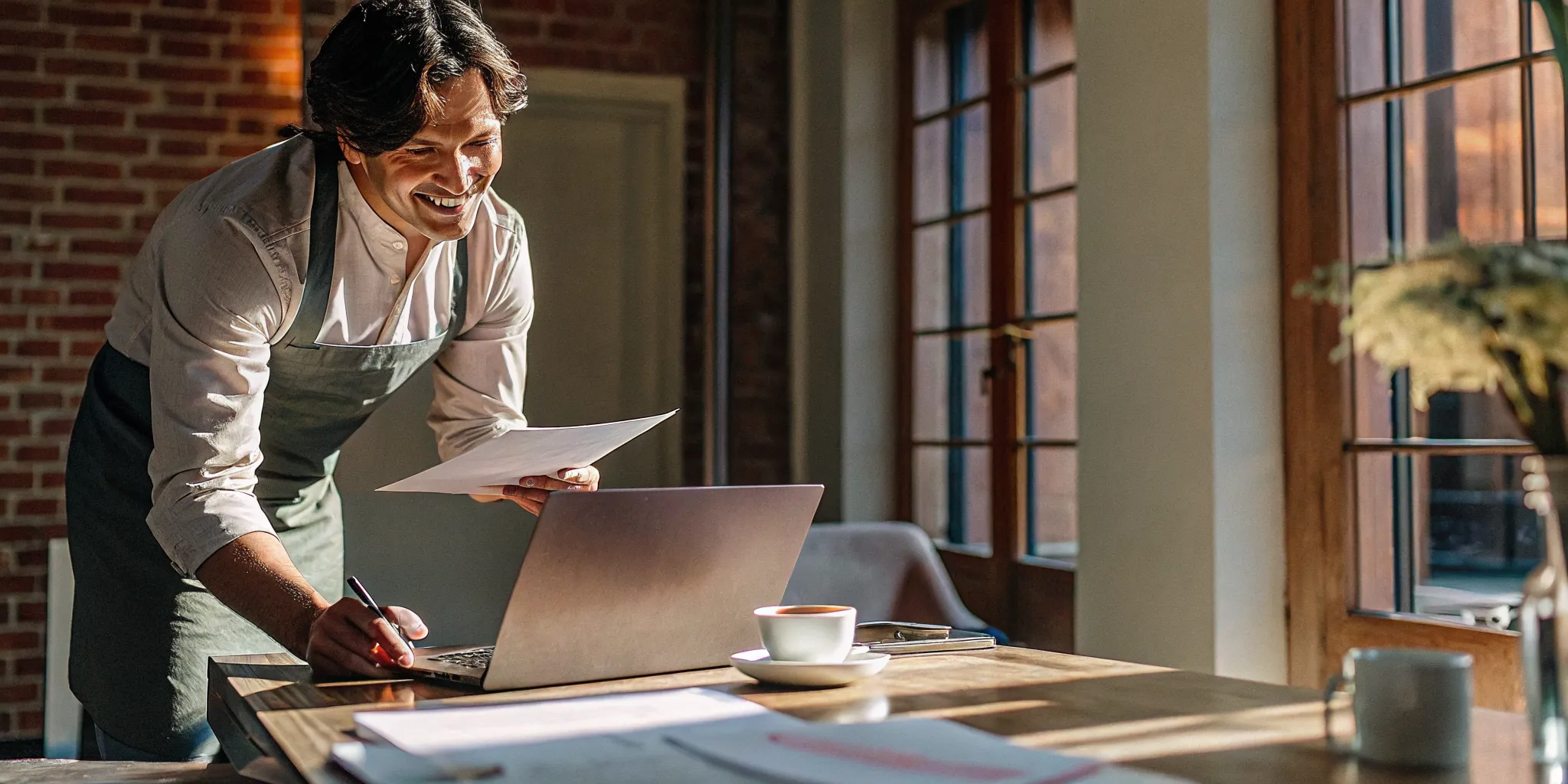 Small business owner reviewing financial documents on a laptop in a sunlit office