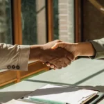 A small business owner shaking hands with a financing specialist to celebrate a revenue-based financing approval.