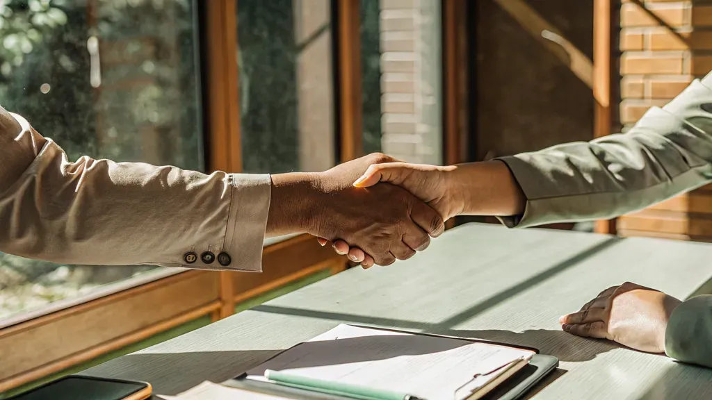 A small business owner shaking hands with a financing specialist to celebrate a revenue-based financing approval.