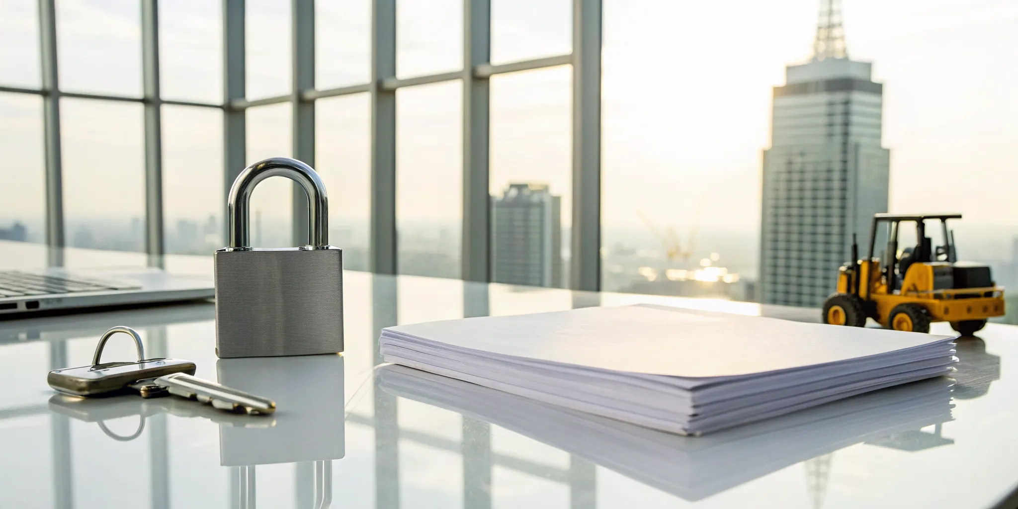 what-is-a-secured-business-loan-a-simple-guide-816239 Padlock, keys, and a forklift on documents for a secured business loan.