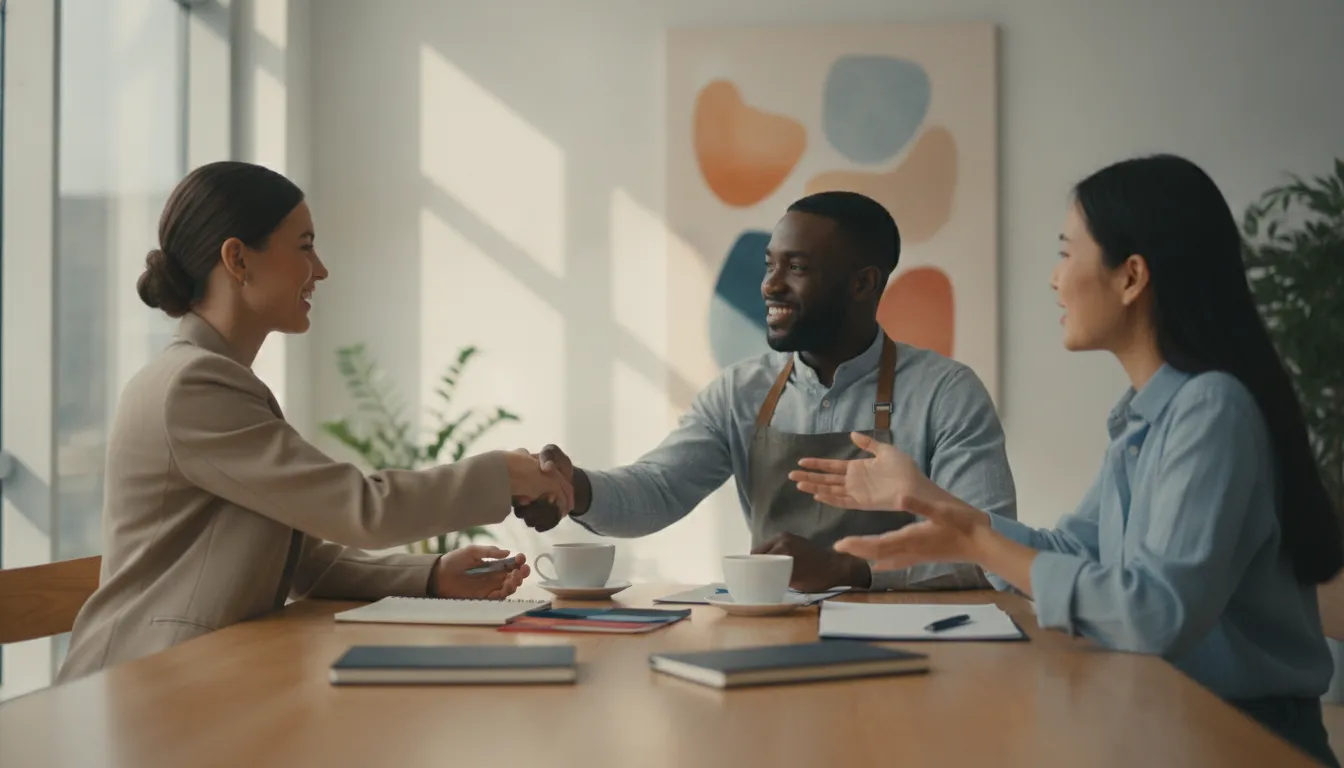 business-financing-for-minority-owned-businesses-options-708484 Diverse small business owners meeting with a friendly financing specialist to discuss growth options