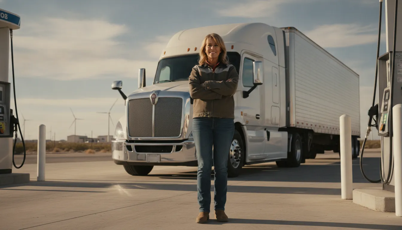 Owner-operator standing beside a semi truck at a trucking depot