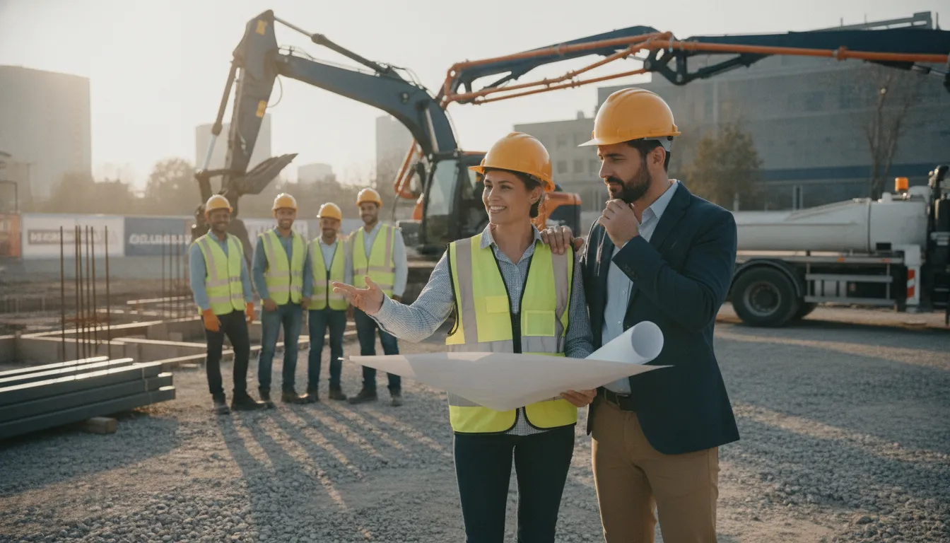 Contractor discussing financing beside construction equipment