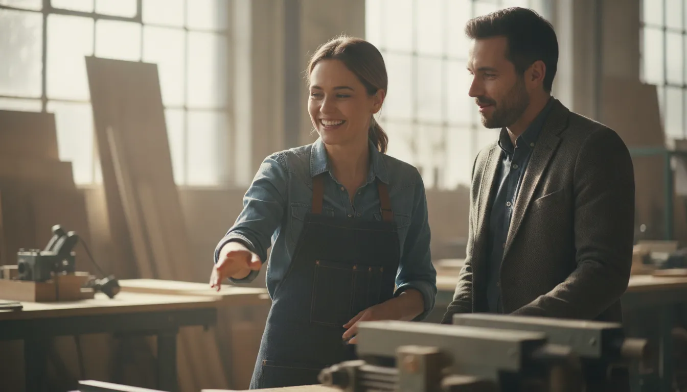 Small business owner discussing equipment financing options with a reassuring advisor
