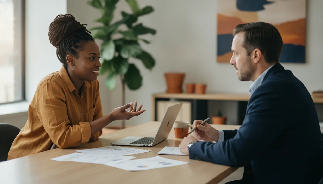 how-to-get-a-business-loan-6-steps-218451 Small business owner discussing financing options with a specialist