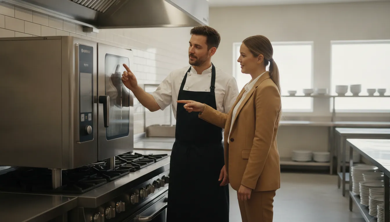 Financing specialist discussing new restaurant kitchen equipment with an owner