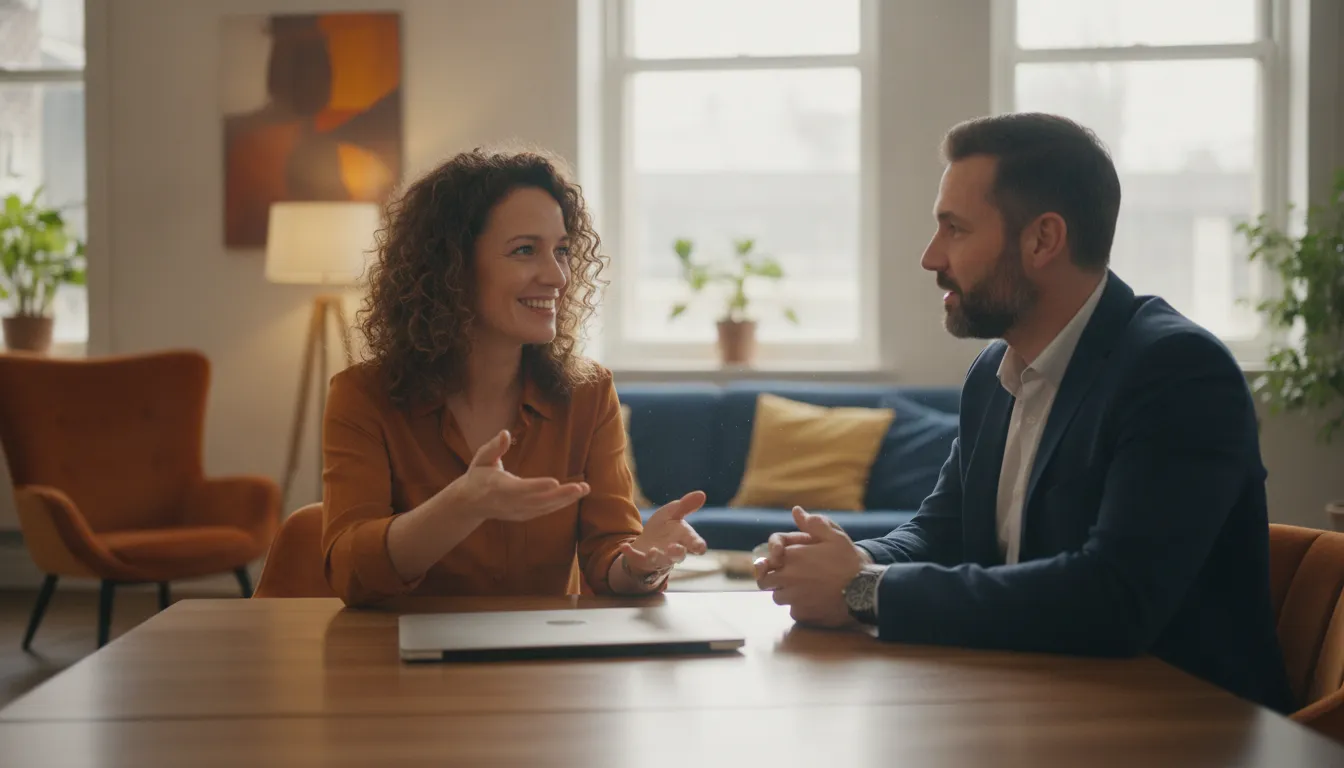 Small-business owner discussing an SBA 7a loan with a financing specialist