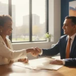 Small-business owner discussing SBA loan requirements with a financing specialist