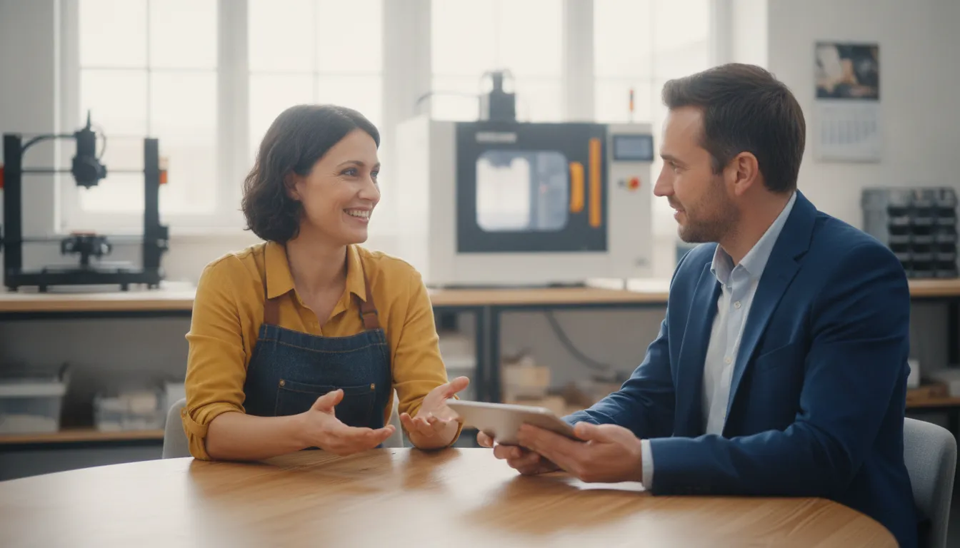 A financing specialist speaking with a small business owner about equipment financing in a bright workshop
