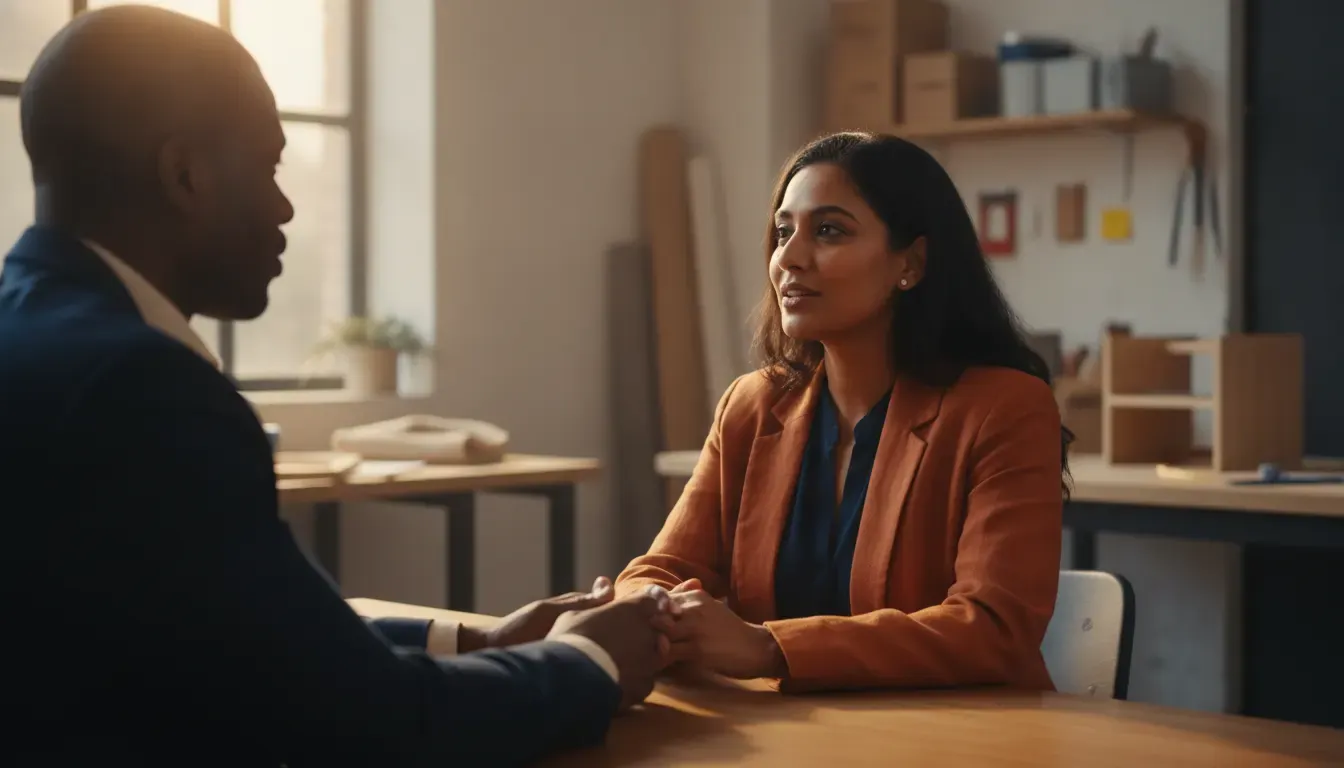 Small business owner discussing emergency financing with a specialist