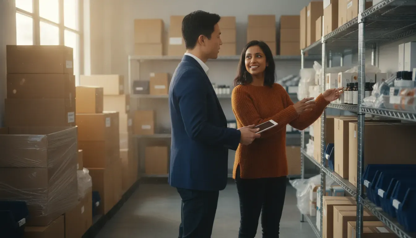 inventory-financing-for-small-businesses-6-options-842838 Small business owner reviewing inventory with a financing specialist