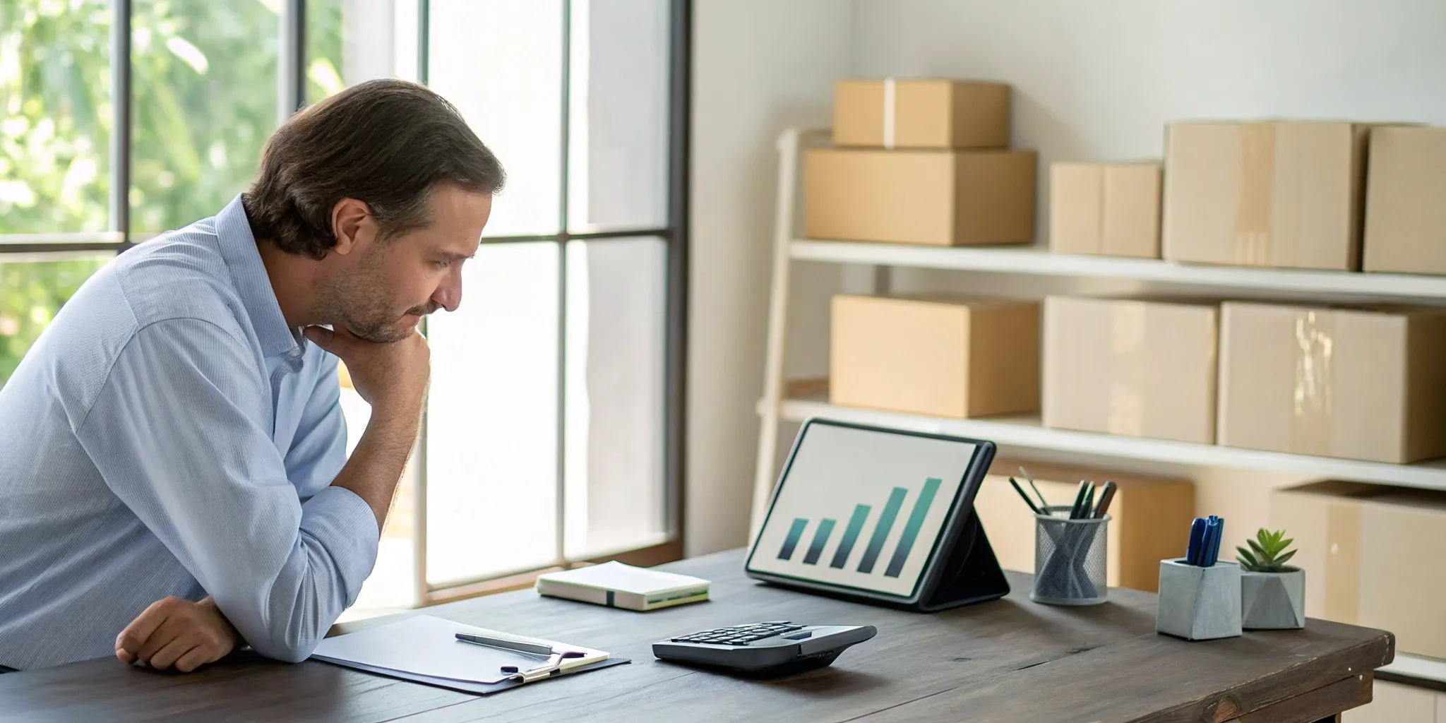 Business owner at a desk calculating the cost of a business cash advance.