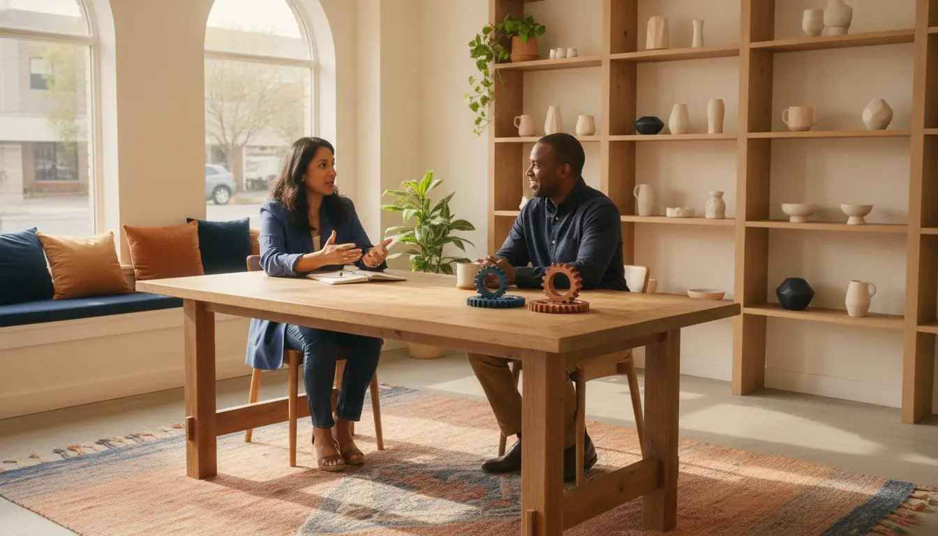 payroll-financing-for-small-businesses-how-to-cover-payroll-when-cash-is-tight-679205 Small-business owner discussing payroll financing with a financing specialist