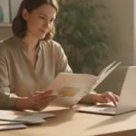 Small business owner reviewing sales and cash flow reports at a desk