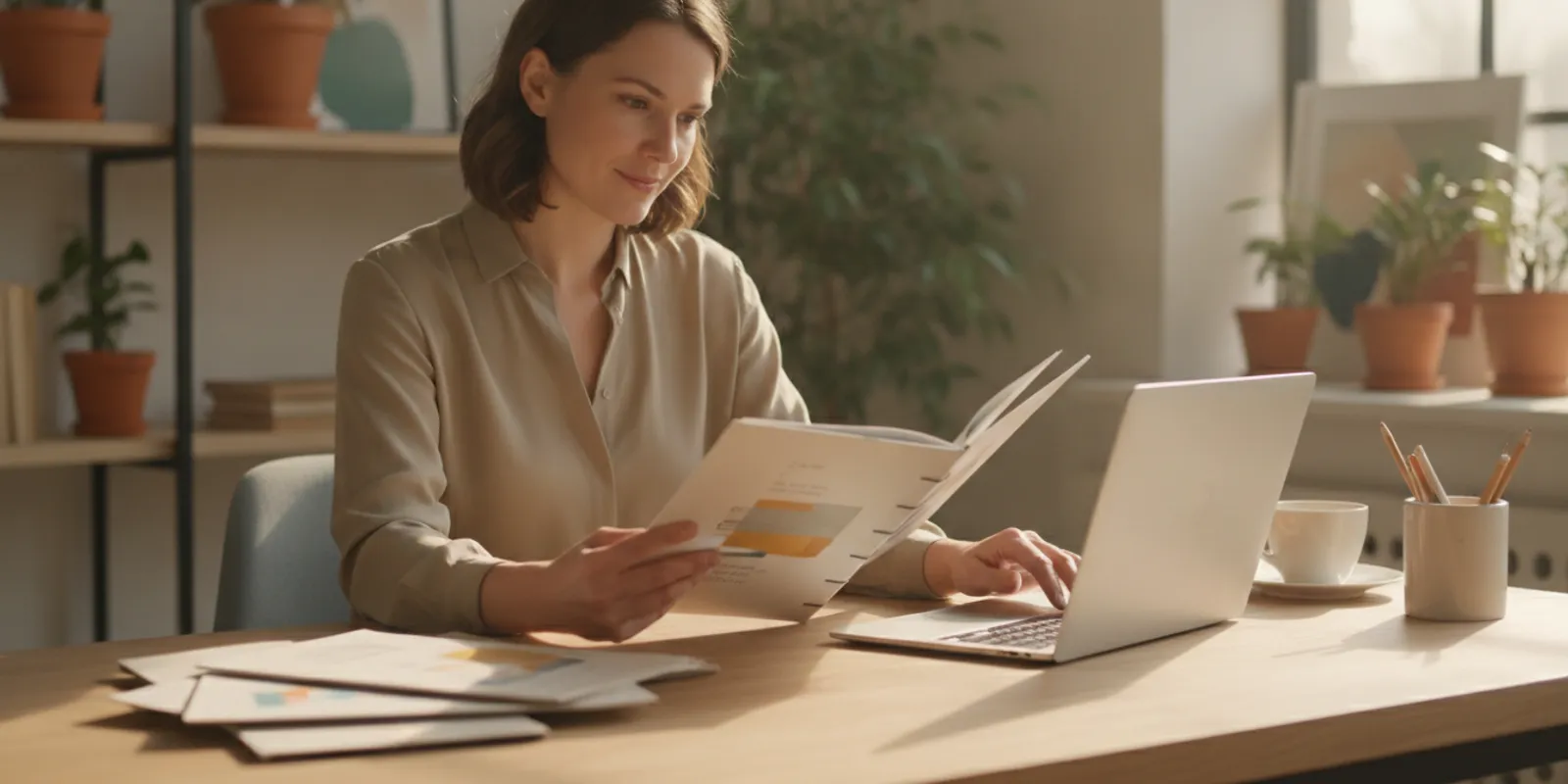 Small business owner reviewing sales and cash flow reports at a desk