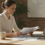 Small business owner reviewing financing paperwork at a desk in a bright workspace