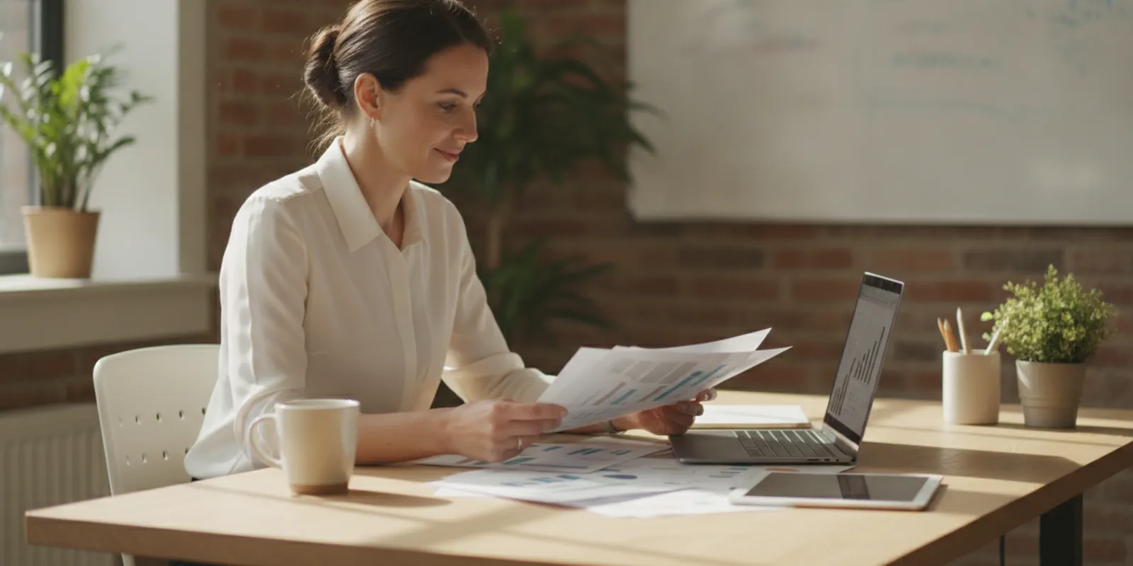 Small business owner reviewing financing paperwork at a desk in a bright workspace