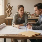 Small business owner reviewing plans for a commercial property with a financing specialist