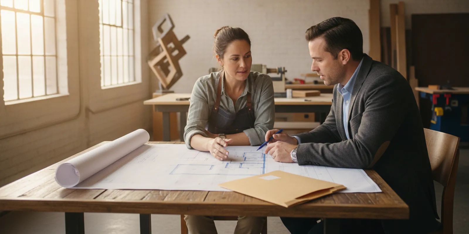 sba-504-loan-uses-eligibility-and-questions-to-ask-before-applying-251424 Small business owner reviewing plans for a commercial property with a financing specialist