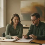Small business owner reviewing financing paperwork with a lender at a desk