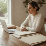 Small business owner reviewing financing documents at a desk in a bright office