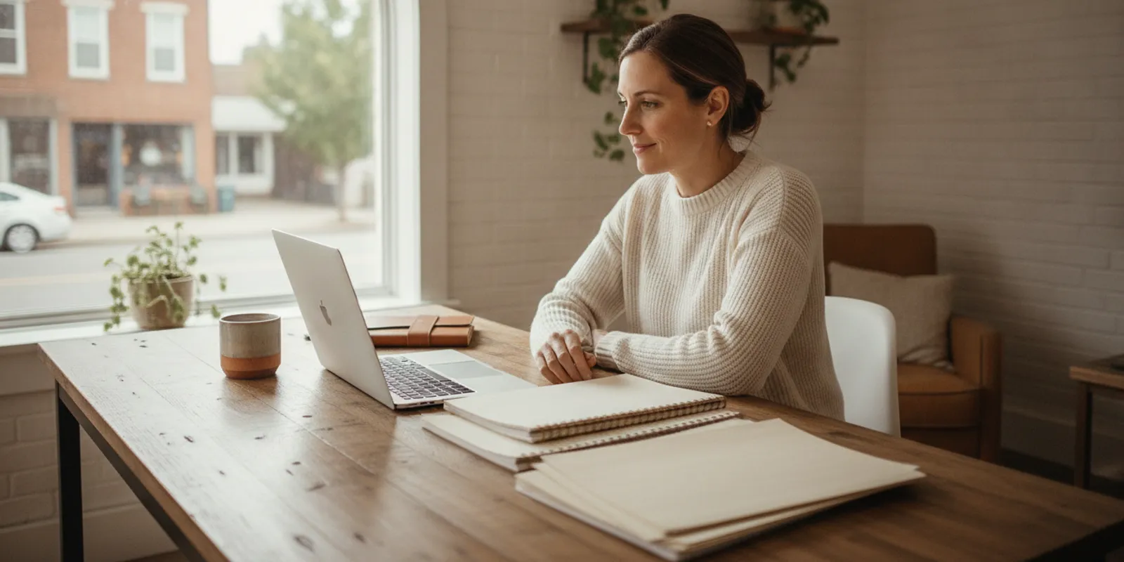 Small business owner reviewing financing documents at a desk in a bright office